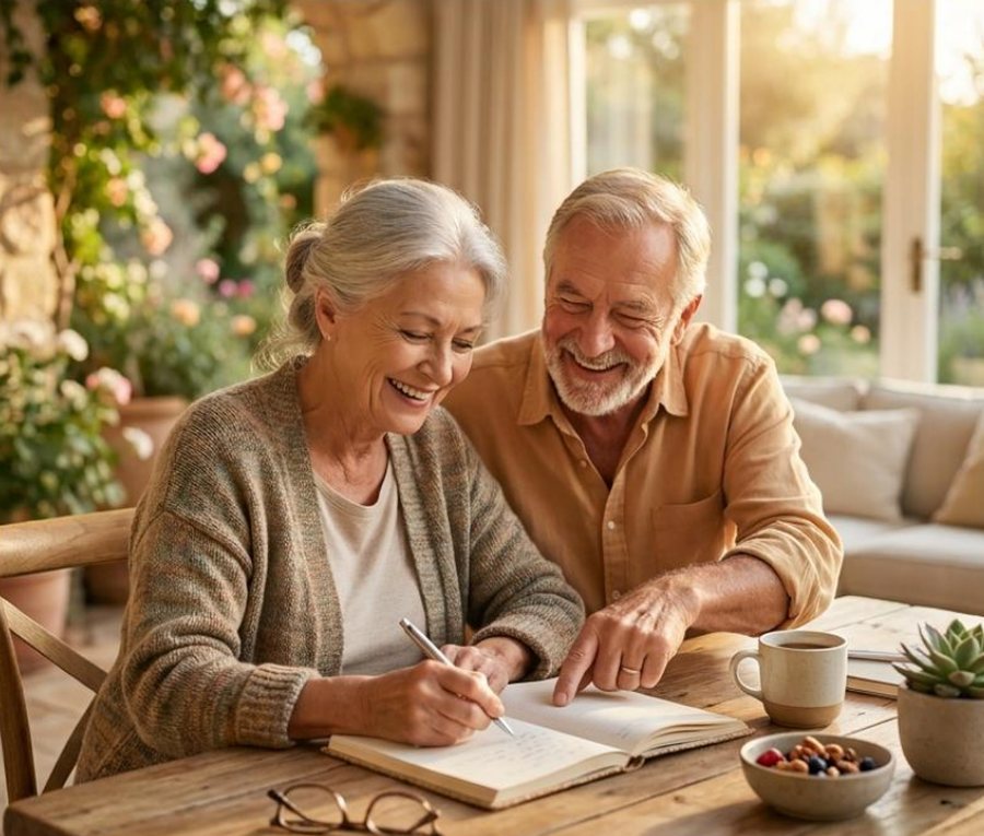 Una pareja de adultos mayores comparte un ejercicio en un cuaderno