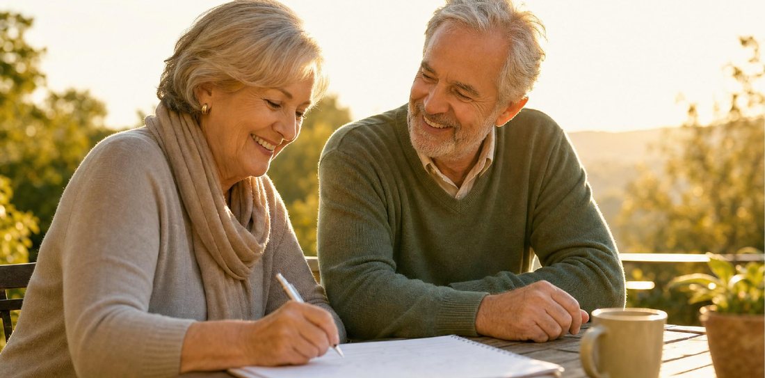 Una pareja de adultos mayores sonríe mientras resuelve un ejercicio