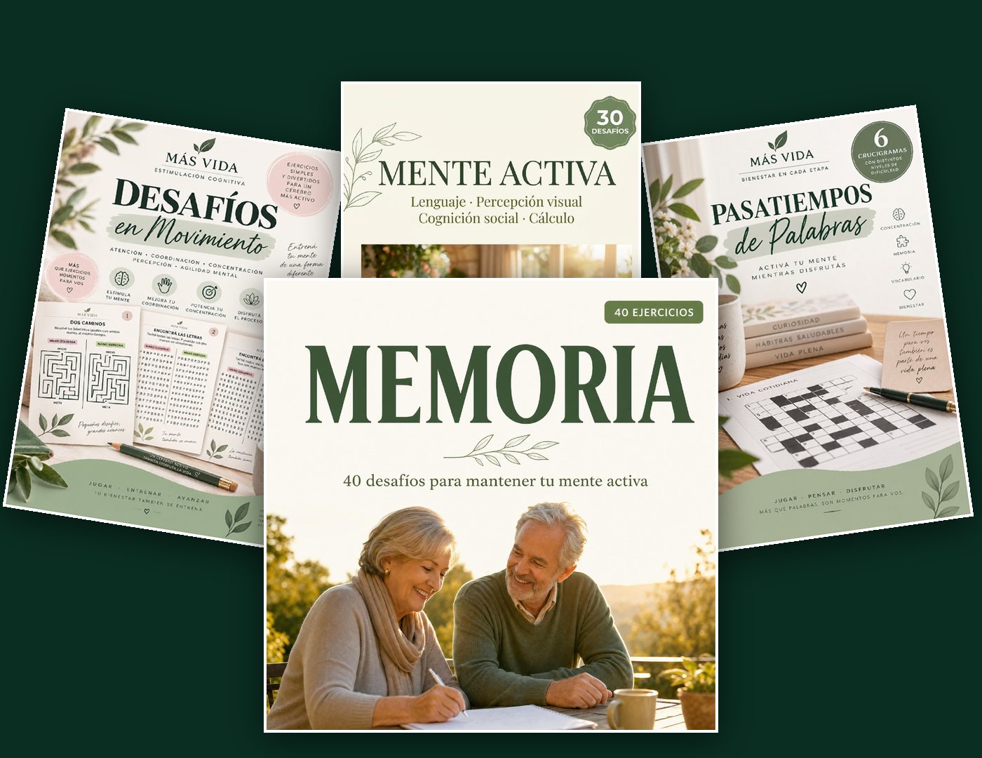 Pack MÁS VIDA: Memoria, Mente Activa, Pasatiempos de Palabras y Desafíos en Movimiento